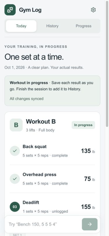Gym Log on mobile showing a workout in progress